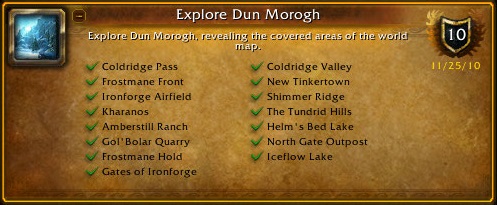 Coldridge Pass, Frostmane Front, Ironforge Airfield, Kharanos, Amberstill Ranch, Gol'Bolar Quarry, Frostmane Hold, Gates of Ironforge, Coldridge Valley, New Tinkertown, Shimmer Ridge, The Tundrid Hills, Helm's Bed Lake, North Gate Outpost, Iceflow Lake