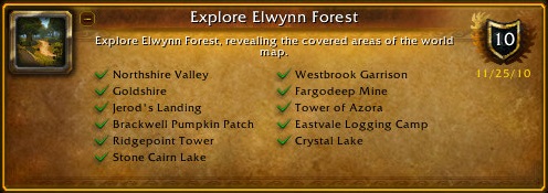 Northshire Valley, Goldshire, Jerod's Landing, Brackwell Pumpkin Patch, Ridgepoint Tower, Stone Cairn Lake, Westbrook Garrison, Fargodeep Mine, Tower of Azora, Eastvale Logging Camp, Crystal Lake