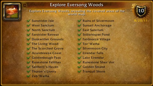 Sunstrider Isle, West Sanctum, North
            Sanctum, Farstrider Retreat, Diskwither Grounds, The Living Wood, The Scorched Grove, 
            Azurebreeze Coast, Goldenbough Pass, Runestone Falithas, saltheril's Haven, Thuron's 
            Livery, Zeb'Watha, Ruins of Silvermoon, Sunsail Anchorage, East Sanctum, Stillwhisper 
            Pond, Fairbreeze Village, Tor'Watha, Silvermoon City, Elrendar Falls, Lake Elrendar, 
            Runstone Shan'dor, Golden Strand, Tranquil Shore