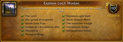 The Loch, Mo'grosh Stronghold, North Gate Pass, Ironband's Excavation Site, Thelsamar, Valley of Kings, Stonewrought Dam, Silver Stream Mine, The Farstrider Lodge, Grizzlepaw Ridge, Stonesplinter Valley