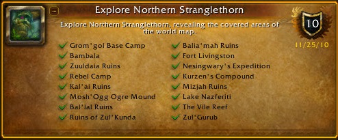 Grom'gol Base Camp, Balia'mah Ruins, Bambala, Fort Livingston, Zuuldaia Ruins, Nesingwary'Expedition, Rebel Camp, Kurzen's Compound, Kal'ai Ruins, Mizjah Ruins, Mosh'Ogg Ogre Mound, Lake Nazferiti, Bal'lal Ruins, The Vile Reef, Ruins of Zul'Kunda, Zul'Gurub