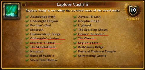 Abandoned Reef, Underlight Canyon, Korthun's End, Seabrush, Glimmerdeep Gorge, Gurboggle's Ledge, Seafarer's Tomb, The Skeletal Reef, Nespirah, Ruins of Vashj'ir, Silver Tide Hollow, Abyssal Breach, Deepfin Ridge, L'ghorek, The Scalding Chasm, Gnaws' Boneyard, The Clutch, Legion's Fate, Beth'mora Ridge, Ruins of Thelseral Temple, Shimmering Grotto