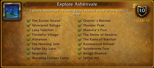 The Zoram Strand,  silverwind refuge, 
            lake falathim, thistlefur village, astranaar, the howling vale, fallen sky lake, 
            satyrnaar, warsong lumber camp, orendil's retreat, thunder peak, maestra's post, 
            the shrine of aessina, the ruins of stardust, raynewood retreat, splintertree post, 
            bough shadow, felfire hill