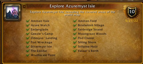 ammen vale azure watch 
            emberglade geezle's camp odesyus' landing pod wreckage silvermyst isle the exodar wrathscale point ammen ford bristlelimb village
            fairbridge strand moongraze woods pod cluster silting shore 
            stillpine hold valaar's berth